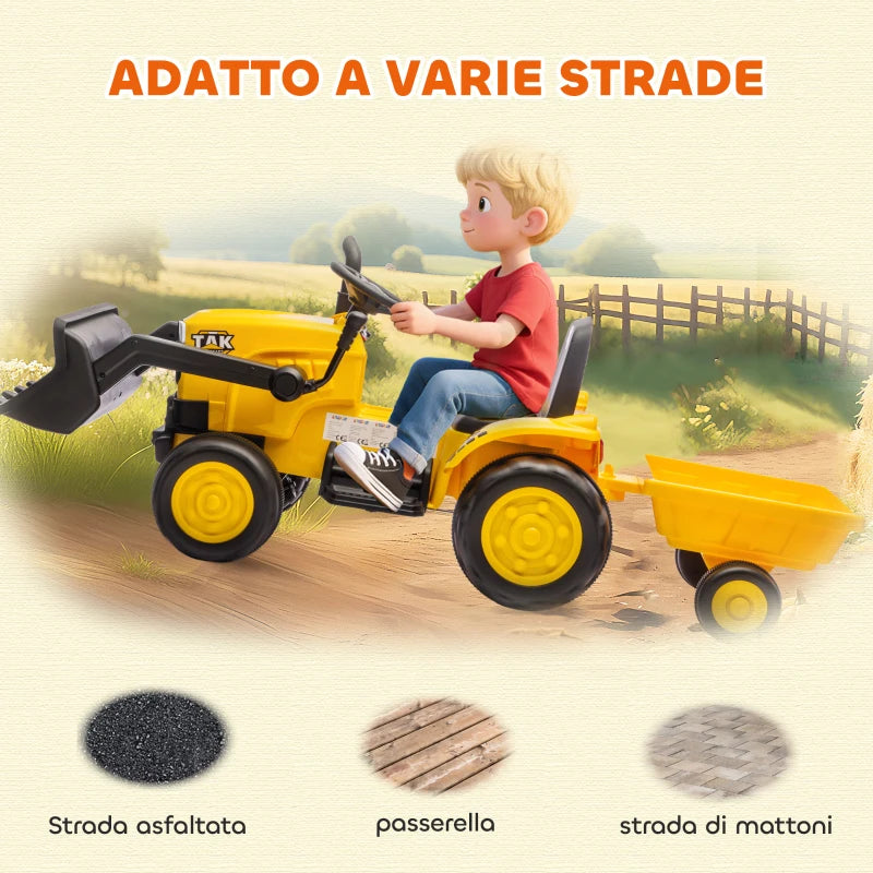 Escavatore Elettrico 12V per Bambini con Benna, Rimorchio, Telecomando e Luci LED