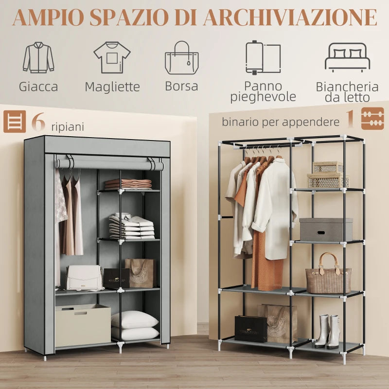 Armadio Guardaroba Portatile in Tessuto con 6 Ripiani e Barra Appendiabiti Grigio