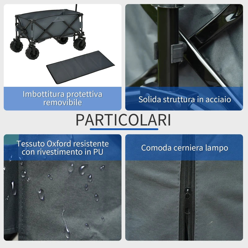 Carrello Pieghevole da Giardino con Manico Telescopico e Ruote Girevoli a 360°