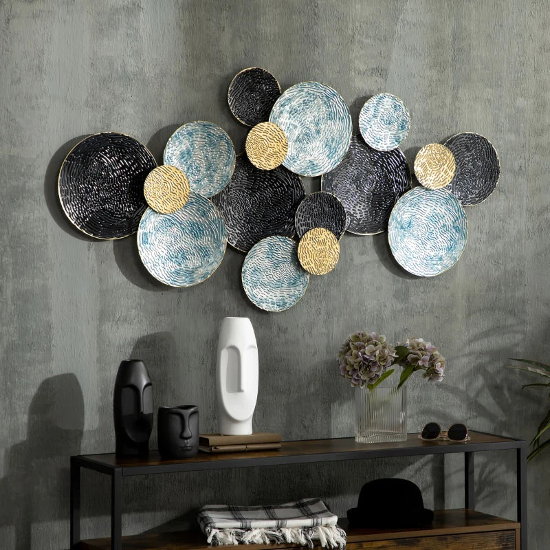 Decorazione Murale 3D in Metallo con Cerchi Blu, Nero e Oro