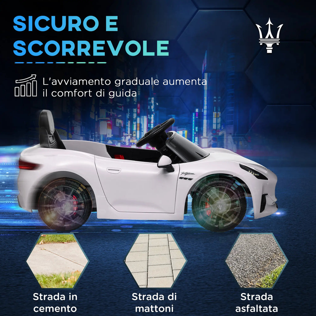 Auto Elettrica per Bambini Maserati GranTurismo Folgore 12V con Telecomando, Luci LED e Musica – Bianca