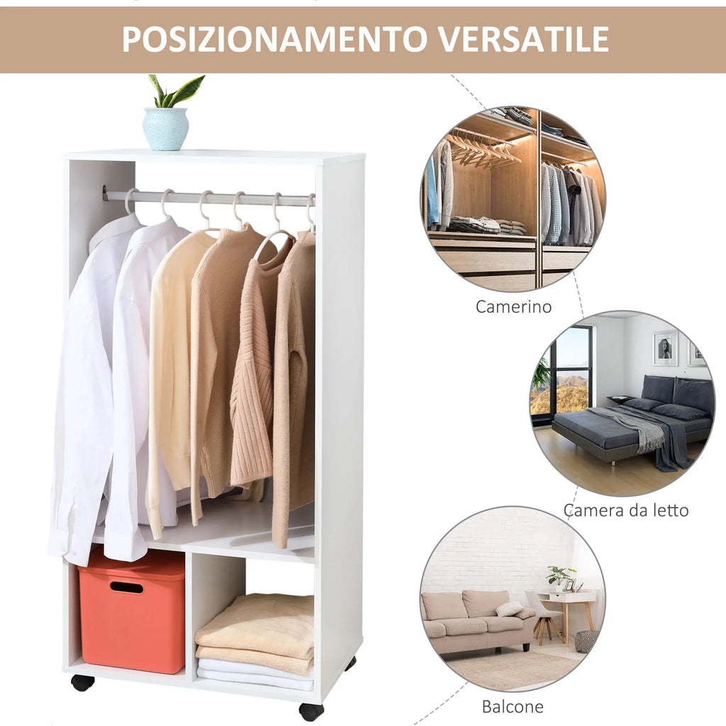 Mobile Appendiabiti con Barra in Alluminio e 2 Ripiani Aperti Bianco