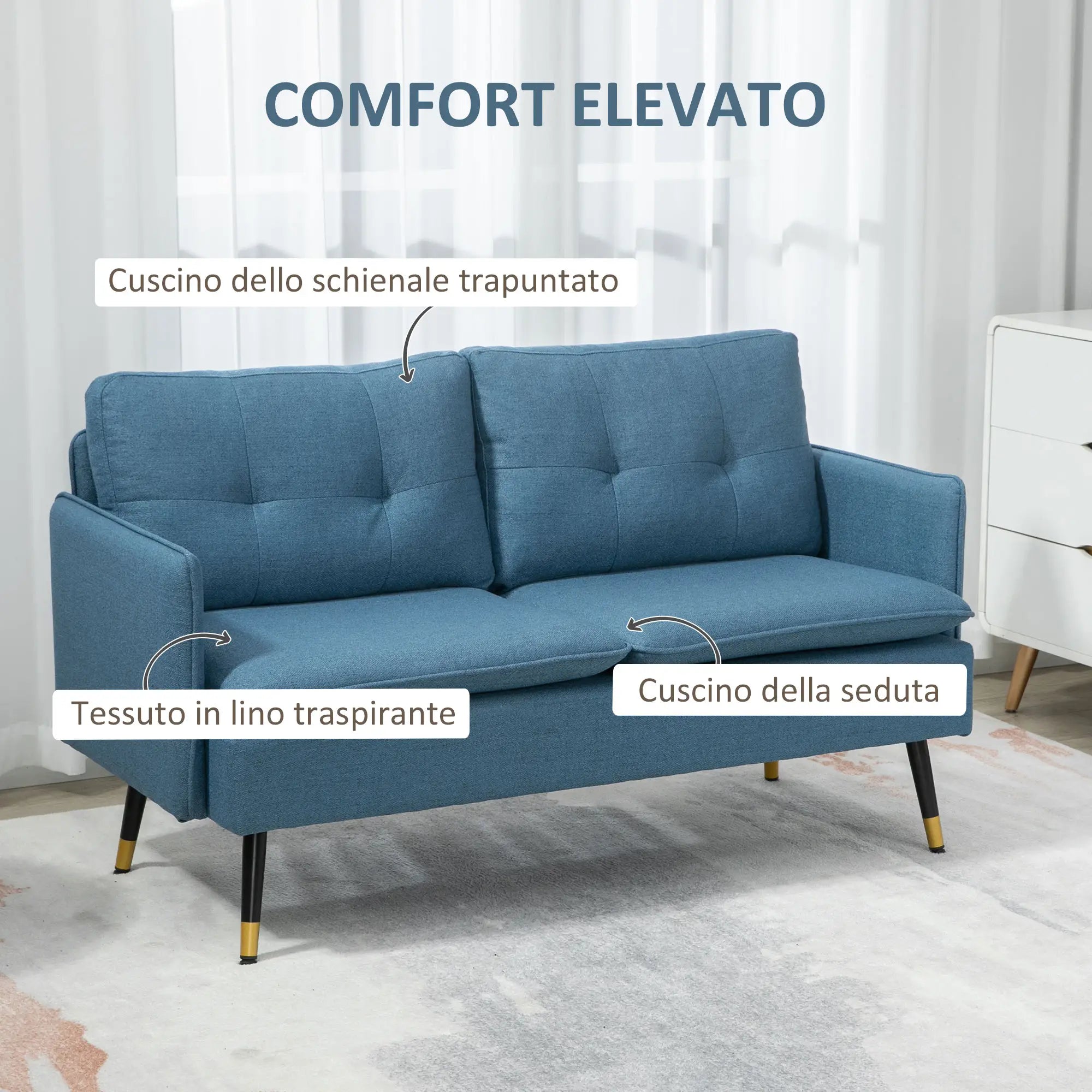 Divano 2 Posti in Tessuto Blu Scuro con Cuscini Imbottiti e Gambe in Acciaio