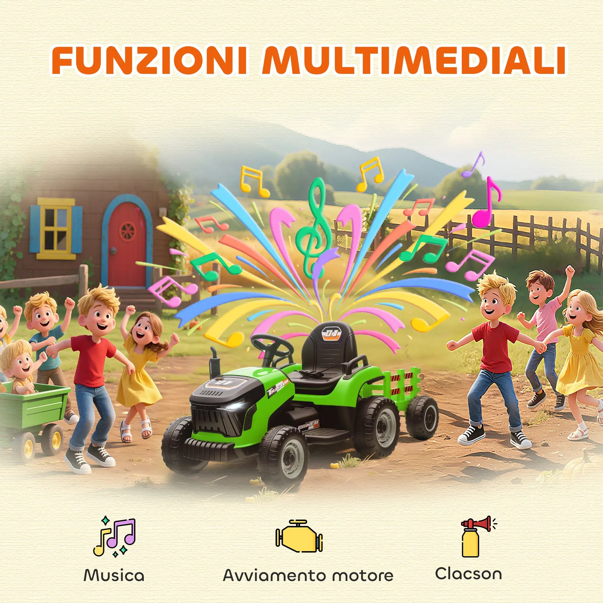 Trattore Elettrico 12V per Bambini con Rimorchio Rimovibile, Telecomando, Luci LED e Musica