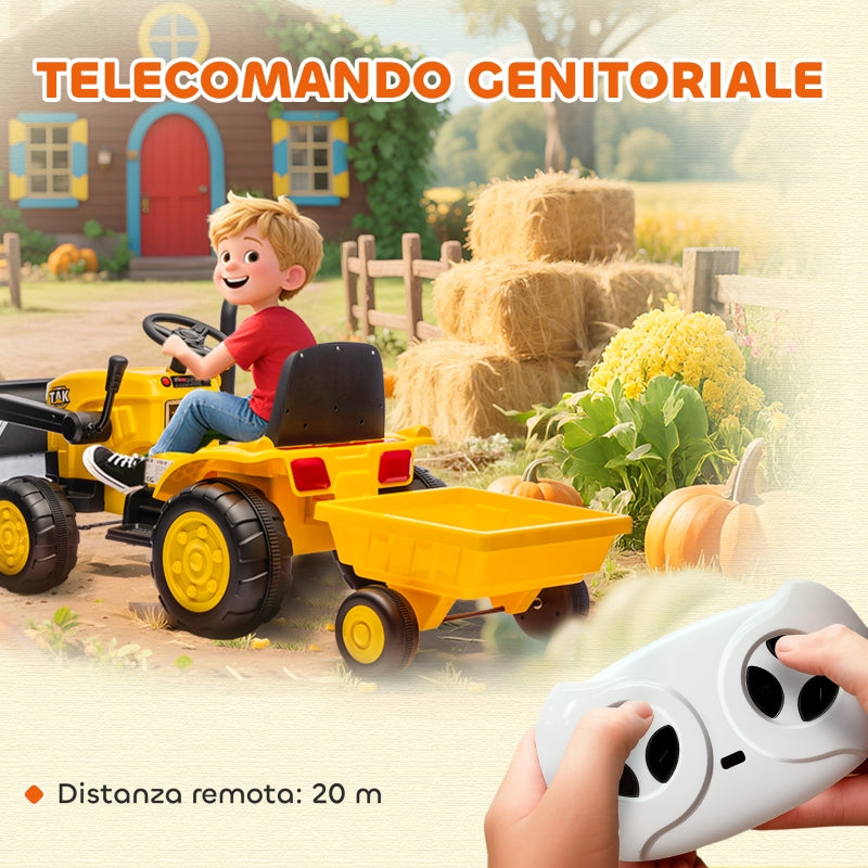 Escavatore Elettrico 12V per Bambini con Benna, Rimorchio, Telecomando e Luci LED