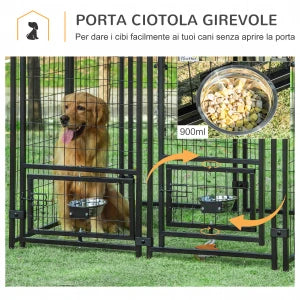 Recinto da Esterno per Cani con Copertura, Serratura e due Ciotole Girevoli