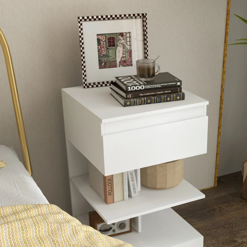 Comodino Moderno Bianco con Cassetto e 2 Ripiani