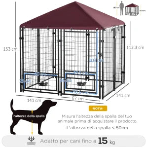 Recinto da Esterno per Cani con Copertura, Serratura e due Ciotole Girevoli