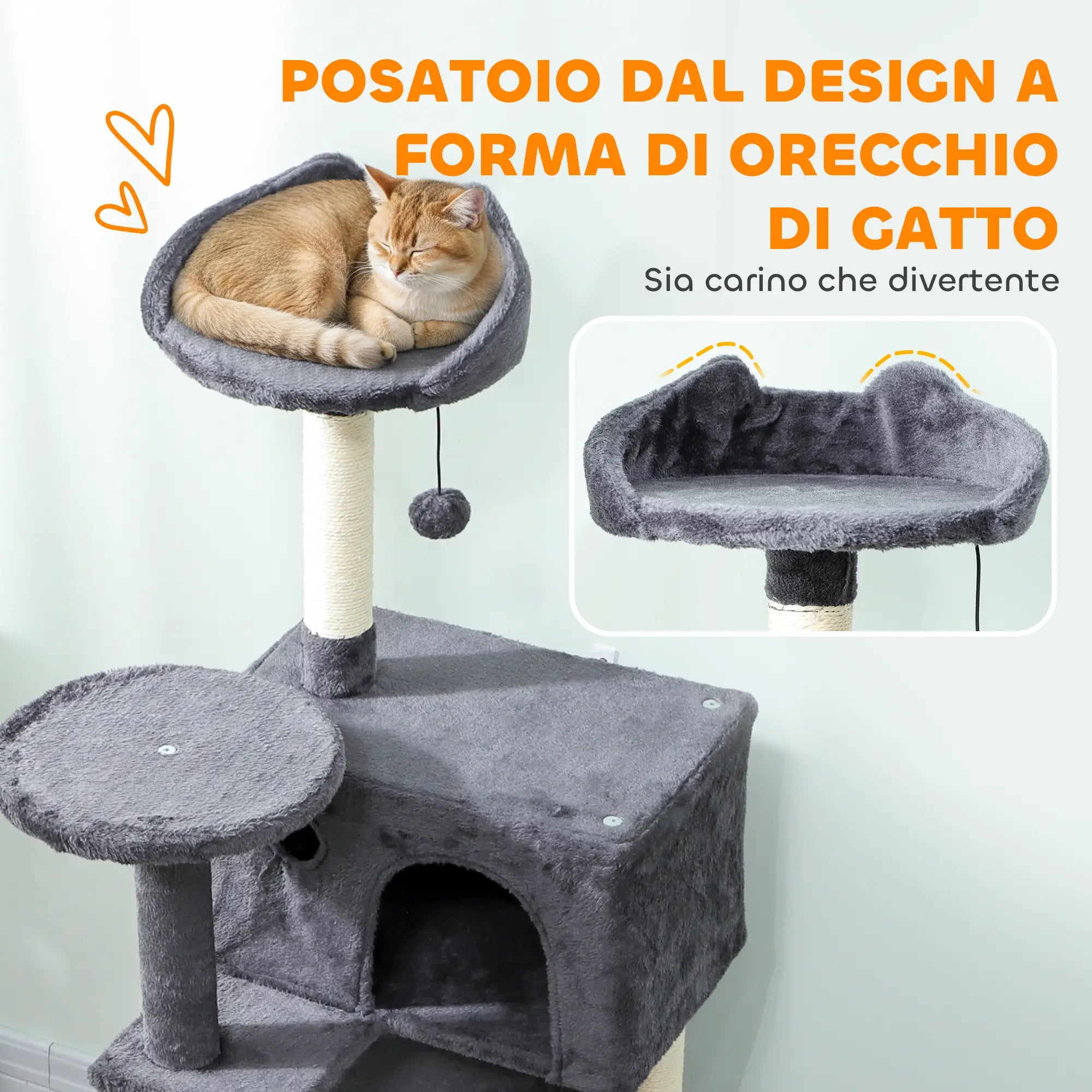 Albero Tiragraffi per Gatti con 2 Casette, Lettino, Amaca e Rivestimento in Peluche Grigio