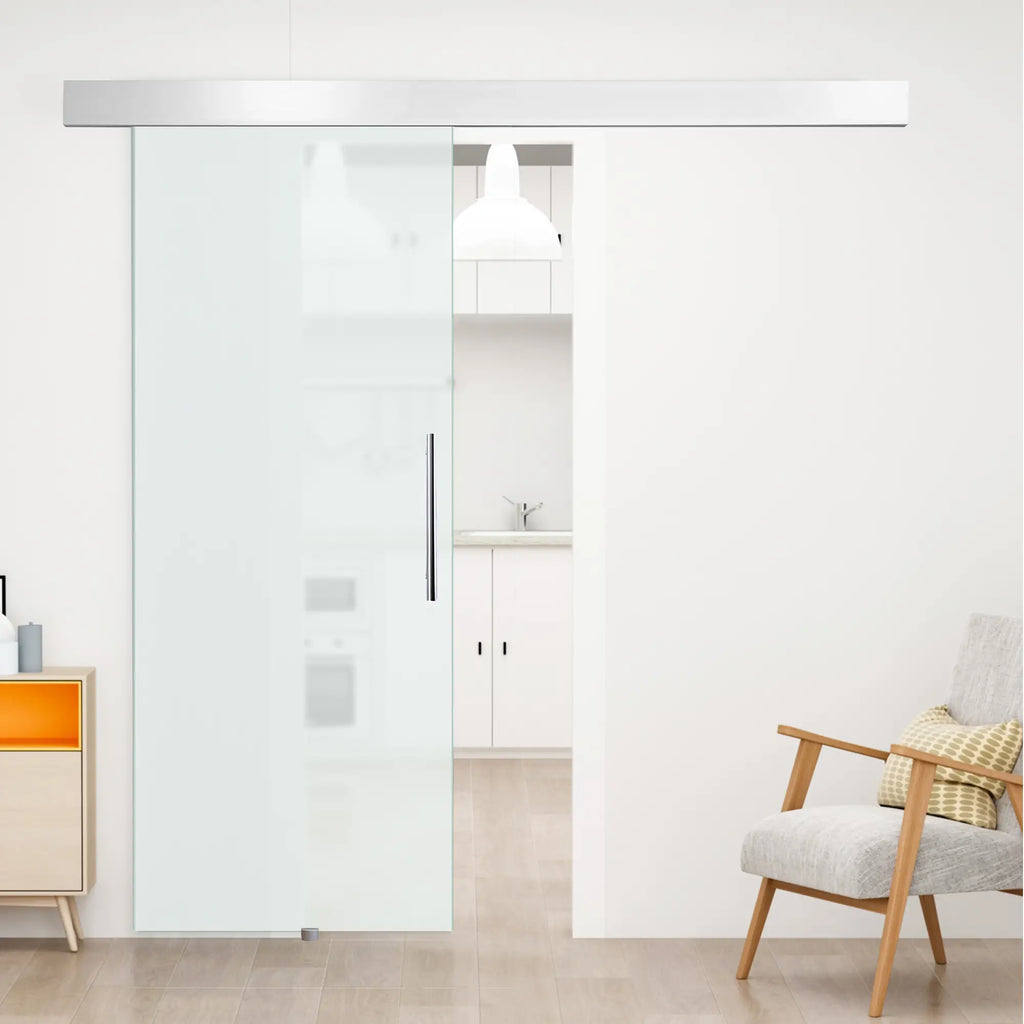 Porta Scorrevole Interna in Vetro Smerigliato con Binario B1 e Maniglia per Bagno Cucina Studio Vetro 205x 90x 0.8cm