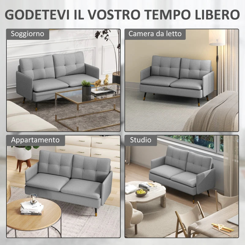 Divano 2 Posti in Tessuto Grigio con Cuscini Imbottiti e Gambe in Acciaio