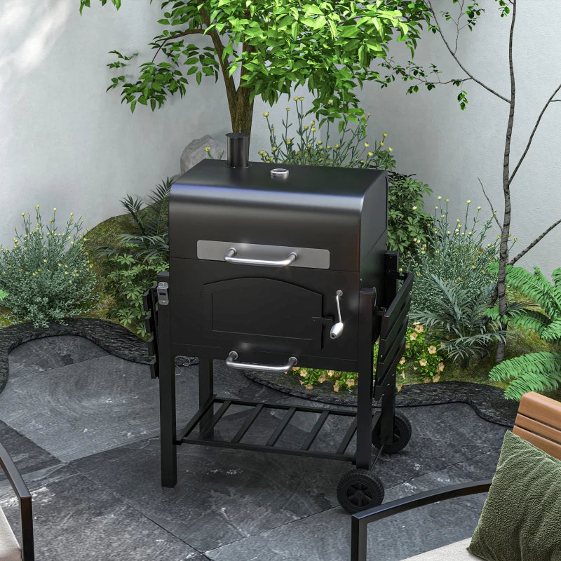 Barbecue da Giardino a 2 Ruote con Griglia, Affumicatore e Fornello