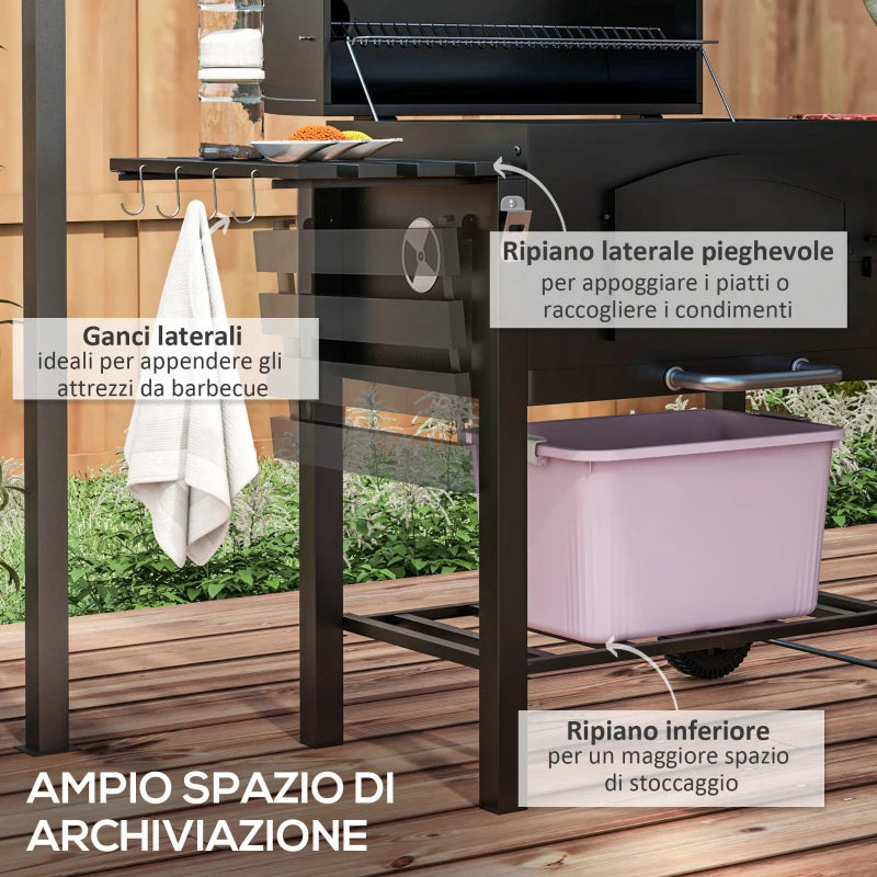 Barbecue da Giardino a 2 Ruote con Griglia, Affumicatore e Fornello