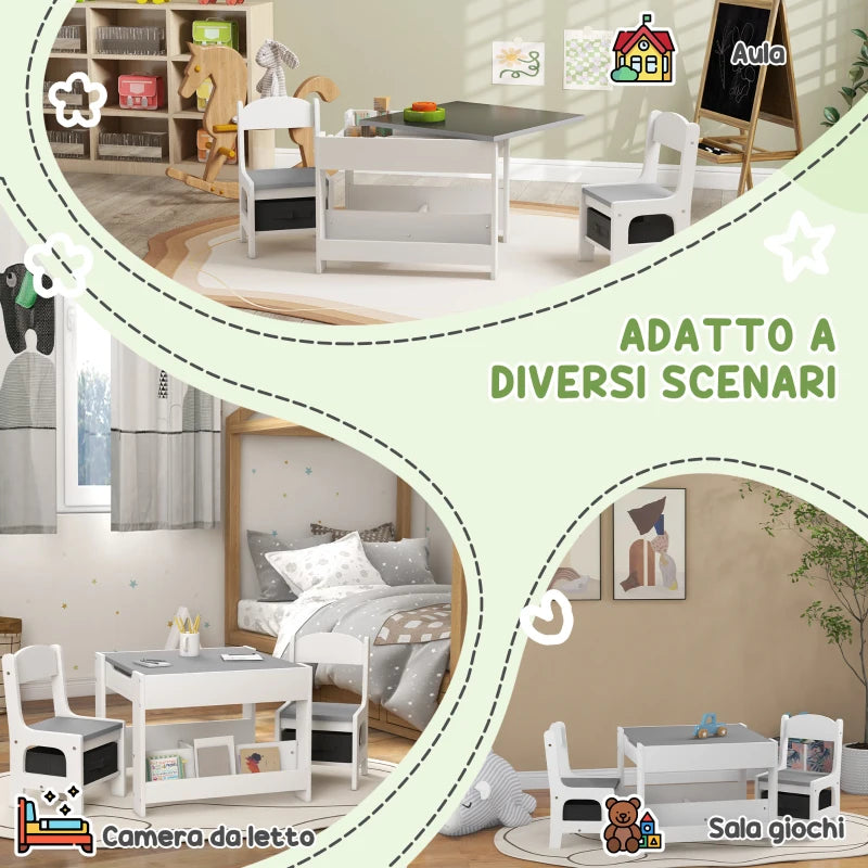 Set Tavolino per Bambini con 2 Sedie, Lavagna 2 in 1 e Contenitori