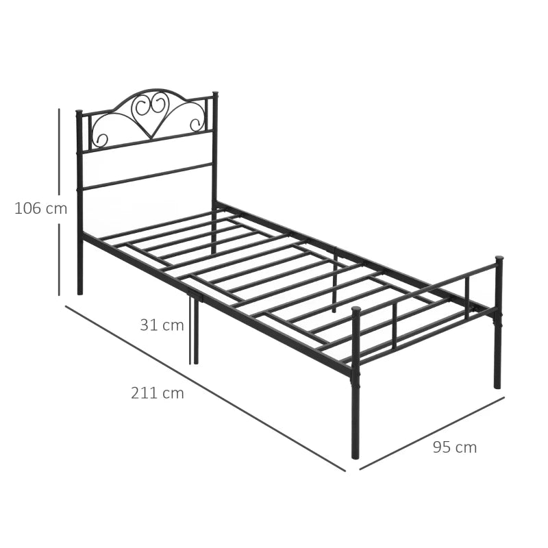 Struttura Letto Singolo 90x200 cm in Acciaio con Testiera, Pediera e Doghe Integrate