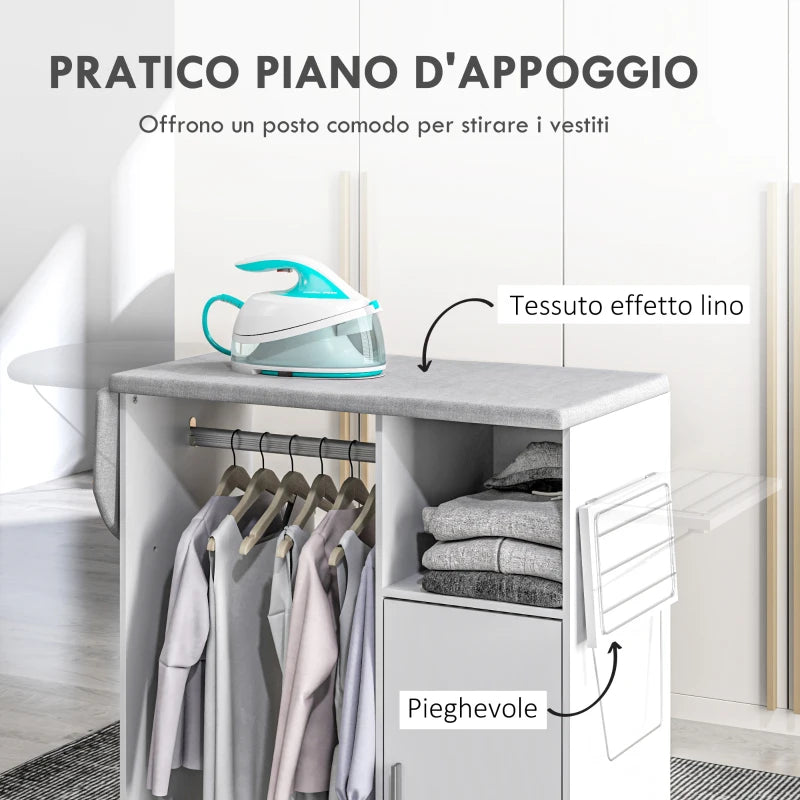 Mobile Asse da Stiro con Piano d'Appoggio, 3 Ripiani a Cubo e Guida, 127x42.5x99cm, Bianco
