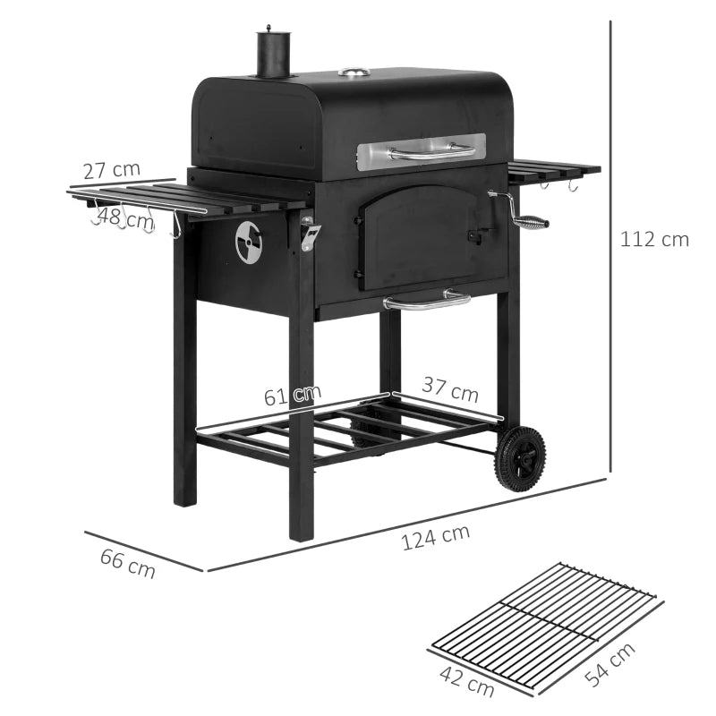 Barbecue da Giardino a 2 Ruote con Griglia, Affumicatore e Fornello
