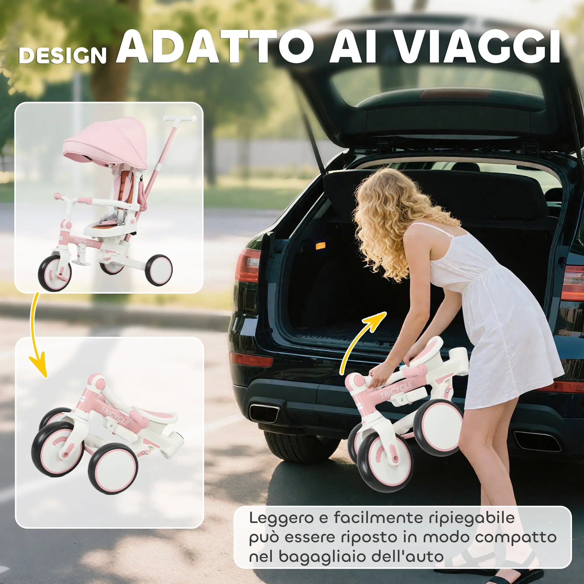Triciclo 5 in 1 per Bambini con Maniglione di Spinta, Tettuccio Parasole e Seduta Regolabile