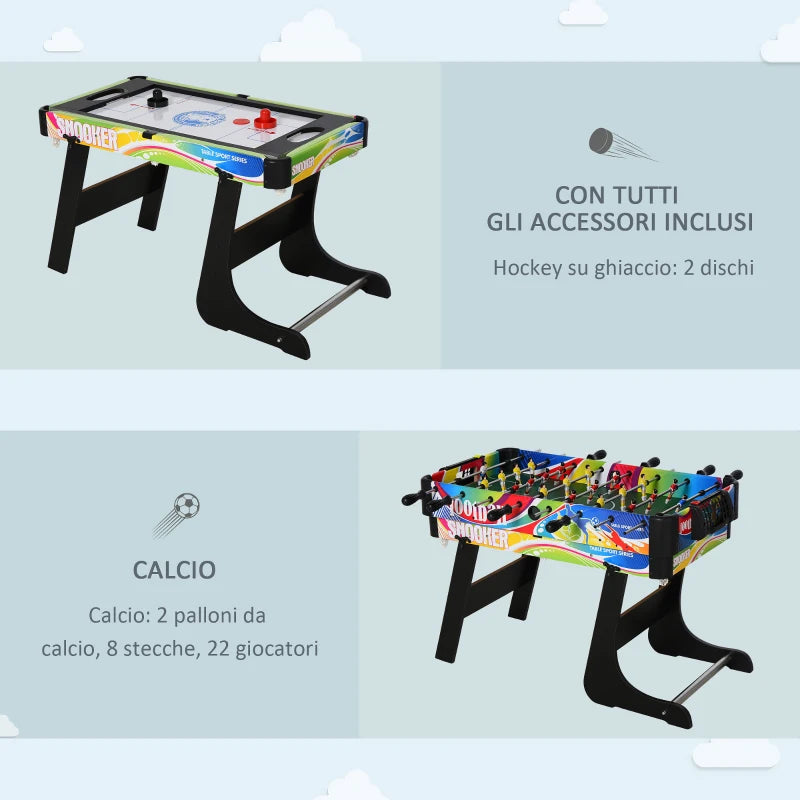 Tavolo Multigioco Pieghevole 4 in 1 con Biliardo, Calcio Balilla, Ping Pong e Air Hockey