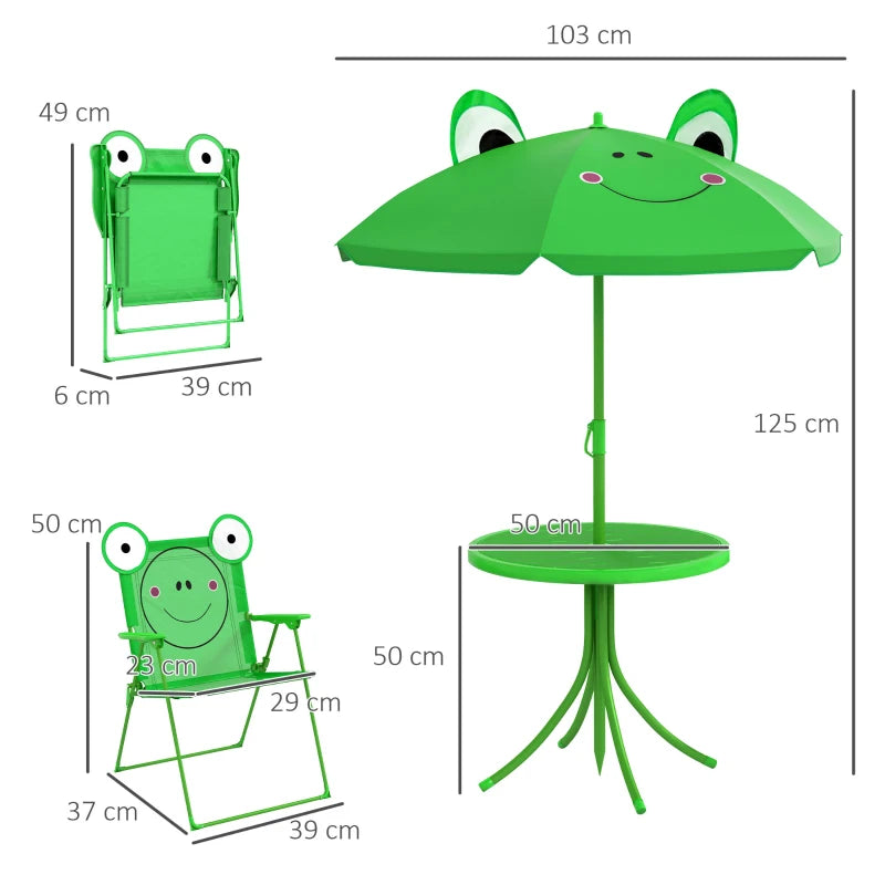 Set Tavolo da Giardino per Bambini con 2 Sedie Pieghevoli e Ombrellone Verde