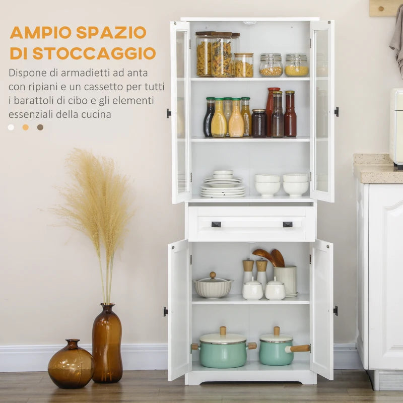 Credenza Alta da Cucina con Ante in Vetro, 2 Armadietti, Cassetto e Ripiani Regolabili