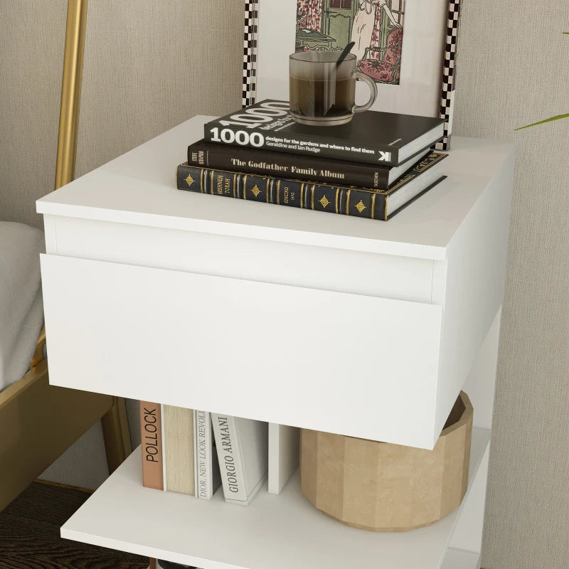Comodino Moderno Bianco con Cassetto e 2 Ripiani