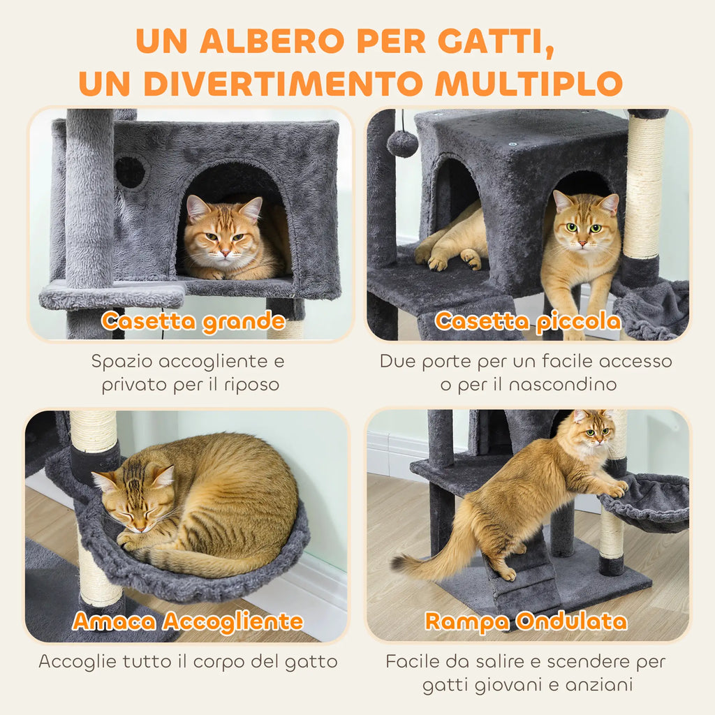 Albero Tiragraffi per Gatti con 2 Casette, Lettino, Amaca e Rivestimento in Peluche Grigio