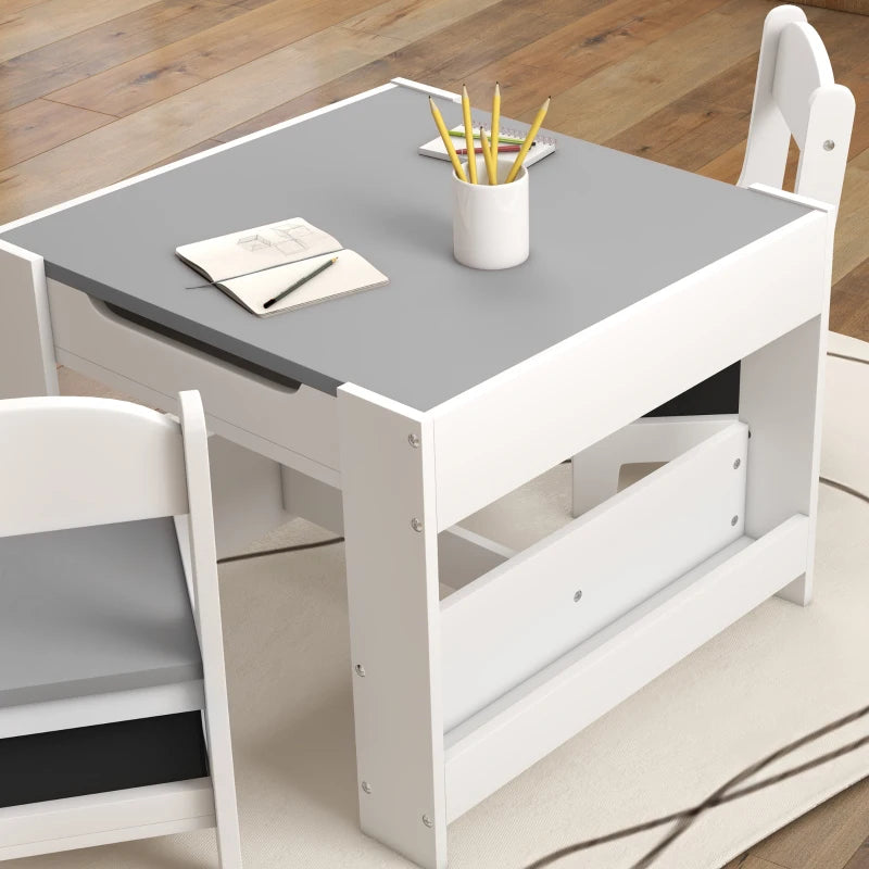 Set Tavolino per Bambini con 2 Sedie, Lavagna 2 in 1 e Contenitori