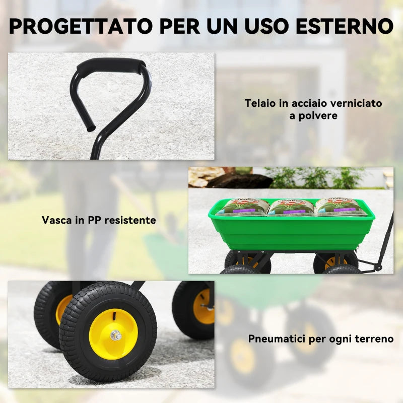 Carrello da Giardino Ribaltabile 75 L con 4 Ruote e Maniglia Regolabile