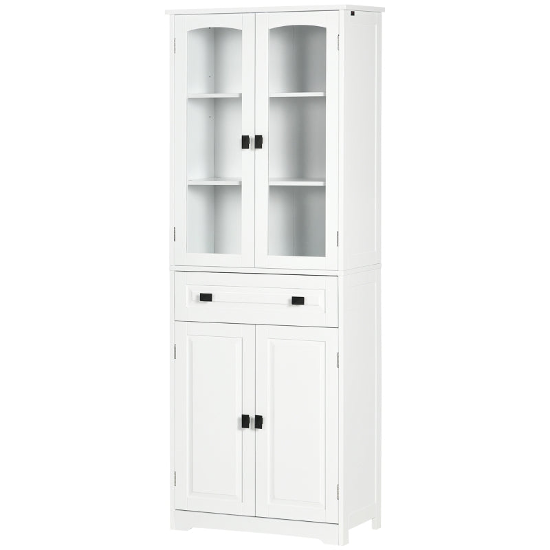 Credenza Alta da Cucina con Ante in Vetro, 2 Armadietti, Cassetto e Ripiani Regolabili