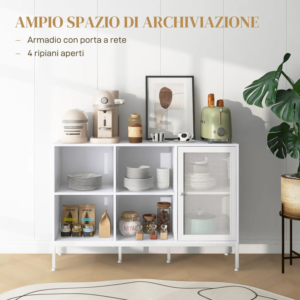 Buffet Moderno con 4 Ripiani Aperti e Armadietto in Legno e Acciaio 120 x 37 x 81,5 cm