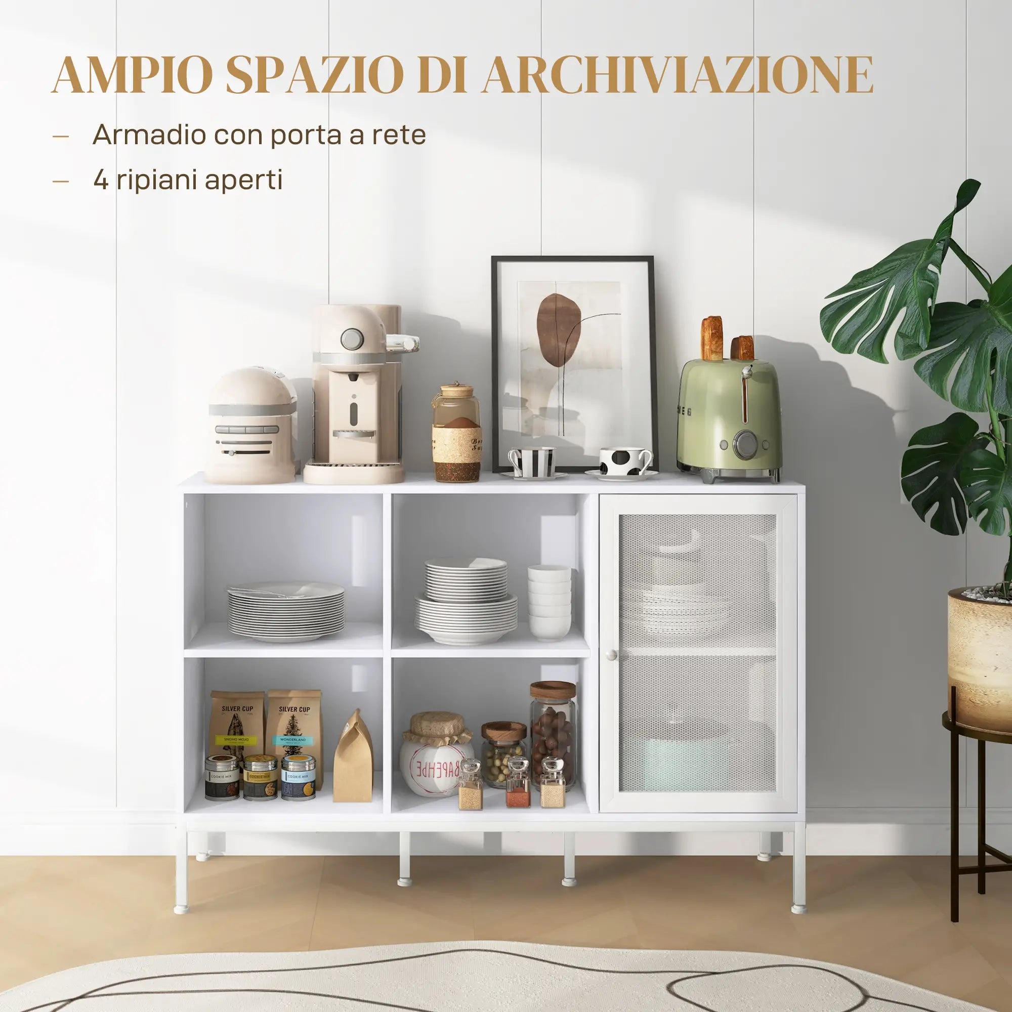 Buffet Moderno con 4 Ripiani Aperti e Armadietto in Legno e Acciaio 120 x 37 x 81,5 cm