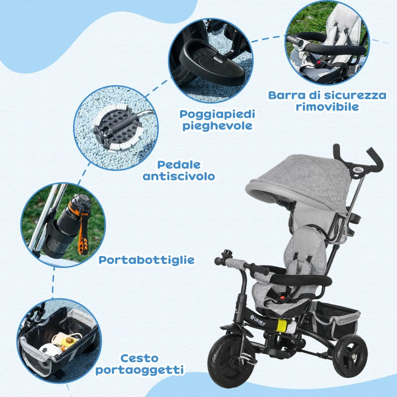 Triciclo 6 in 1 per Bambini con Tettuccio e Maniglione