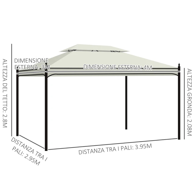 Gazebo da Giardino 3x4 m con Doppio Tetto e 4 Teli Laterali Crema