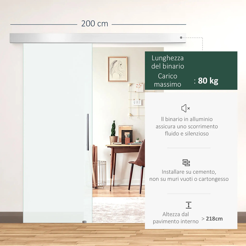 Porta Scorrevole Interna in Vetro Smerigliato con Binario B1 e Maniglia per Bagno Cucina Studio Vetro 205x 90x 0.8cm