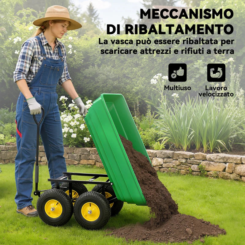 Carrello da Giardino Ribaltabile 75 L con 4 Ruote e Maniglia Regolabile