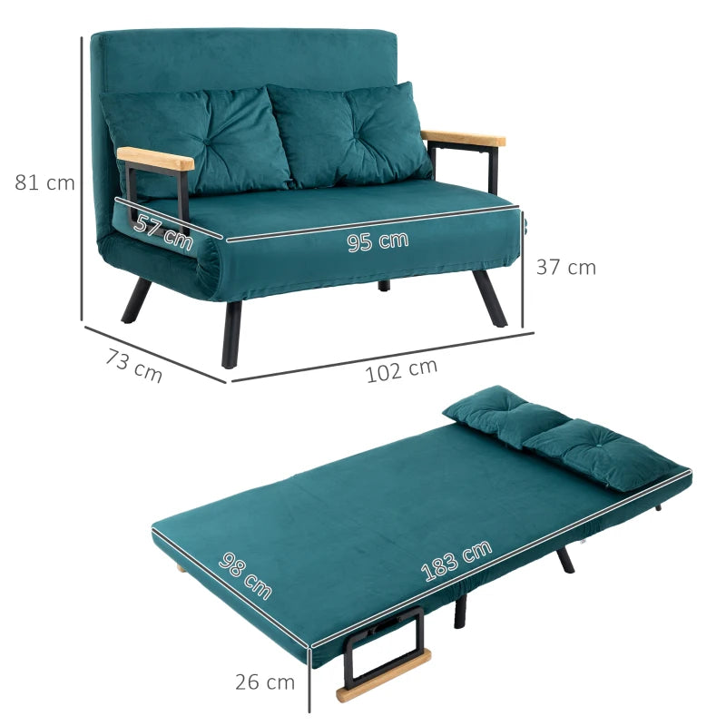 Divano Letto Matrimoniale 3 in 1 in Tessuto Effetto Velluto Verde con Schienale Regolabile