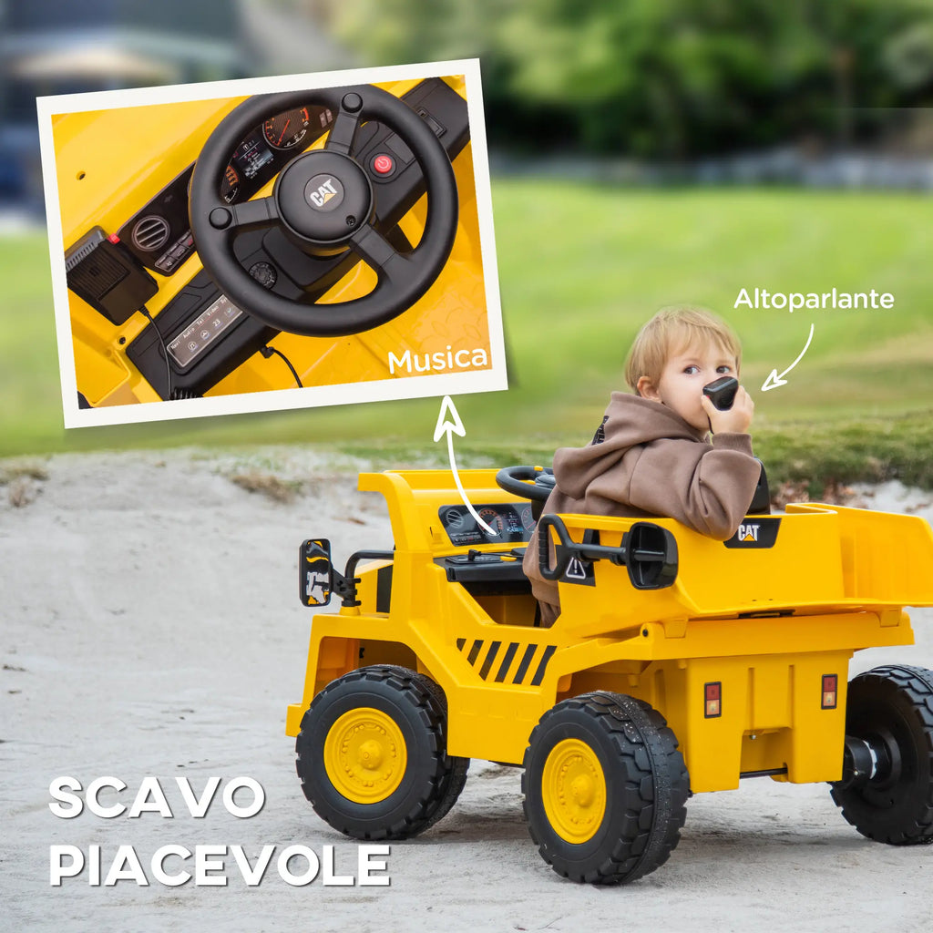 Camion Elettrico Caterpillar 12V per Bambini con Telecomando, Benna, Pala, Luci LED e Musica