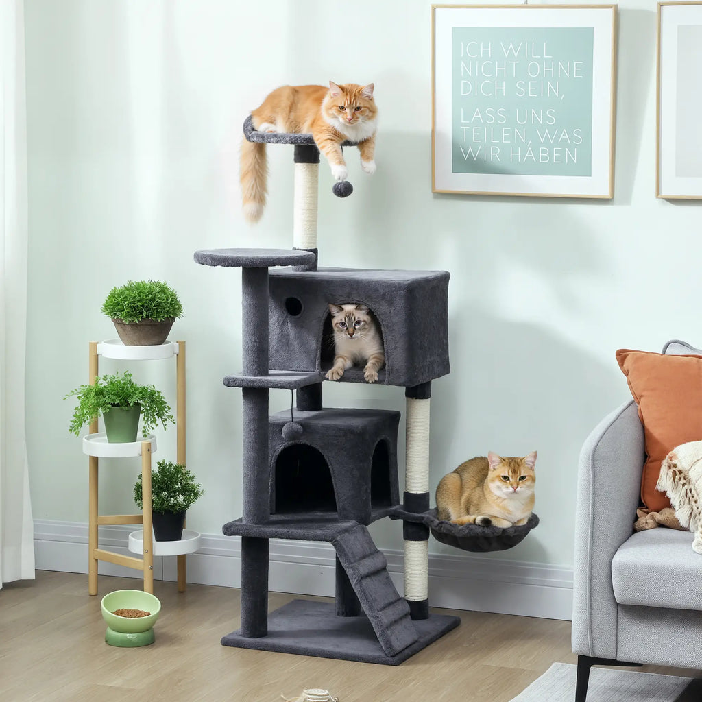 Albero Tiragraffi per Gatti con 2 Casette, Lettino, Amaca e Rivestimento in Peluche Grigio