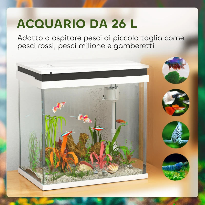Acquario in Vetro 26 L con LED, Filtro e Pompa per Pesci Rossi