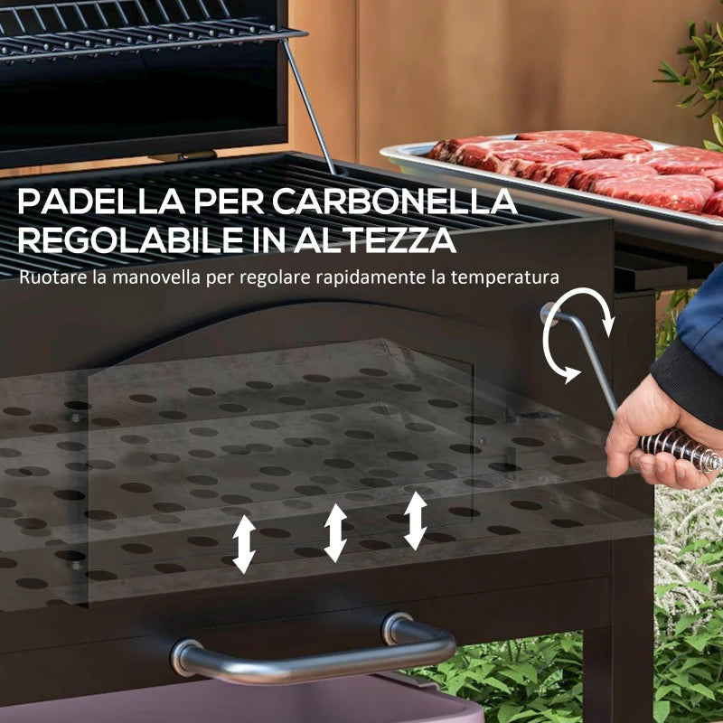 Barbecue da Giardino a 2 Ruote con Griglia, Affumicatore e Fornello
