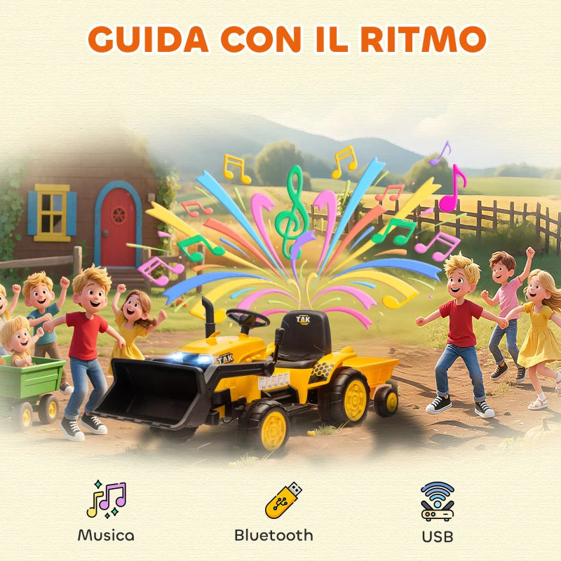 Escavatore Elettrico 12V per Bambini con Benna, Rimorchio, Telecomando e Luci LED