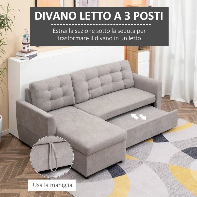 Divano Letto Angolare 3 Posti con Chaise Longue Contenitore in Tessuto Effetto Lino Grigio