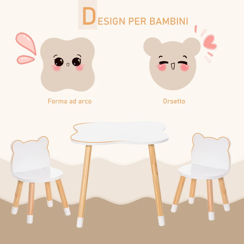 Set Tavolino e 2 Sedie per Bambini a Forma di Orsetto