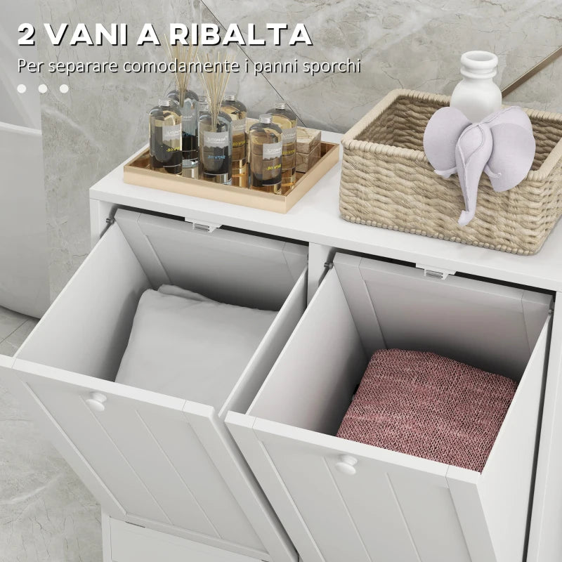 Mobile Portabiancheria con 2 Scomparti a Ribalta in Legno, 66x33x68cm, Bianco