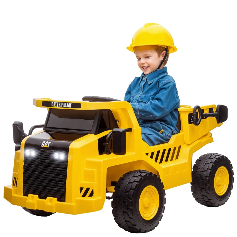 Camion Elettrico Caterpillar 12V per Bambini con Telecomando, Benna, Pala, Luci LED e Musica