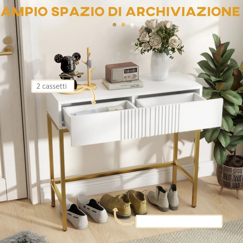 Consolle Bianca con 2 Cassetti e Gambe Dorate