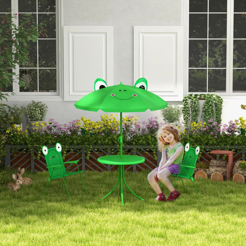 Set Tavolo da Giardino per Bambini con 2 Sedie Pieghevoli e Ombrellone Verde