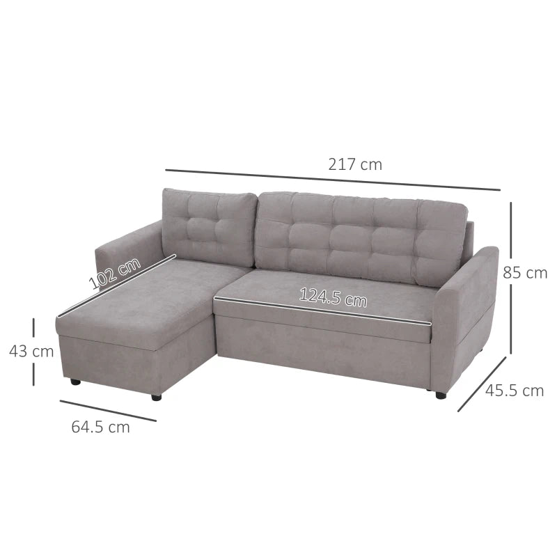 Divano Letto Angolare 3 Posti con Chaise Longue Contenitore in Tessuto Effetto Lino Grigio