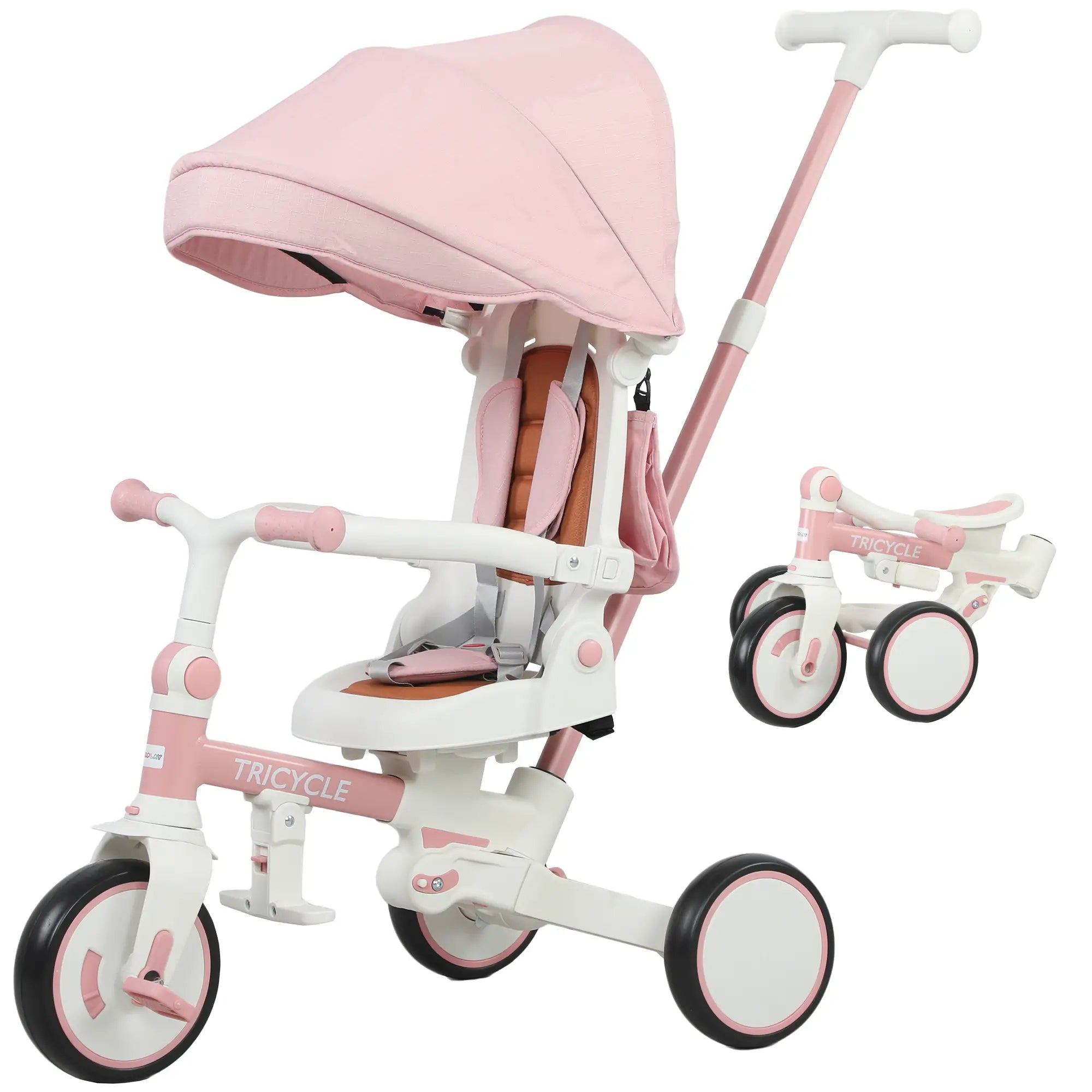 Triciclo 5 in 1 per Bambini con Maniglione di Spinta, Tettuccio Parasole e Seduta Regolabile